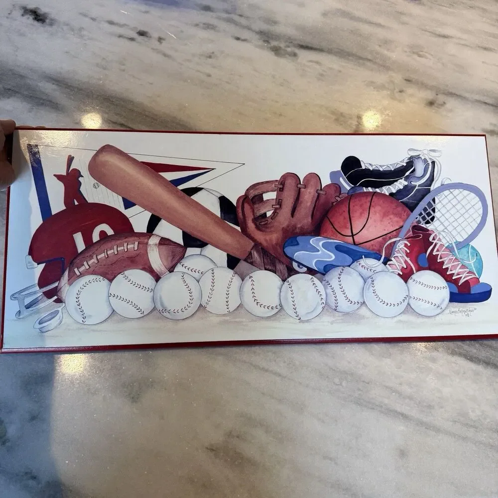 Vintage Kids Wall Plaque Decor Sports 25x11” Wood Baseball Football Soccer Etc